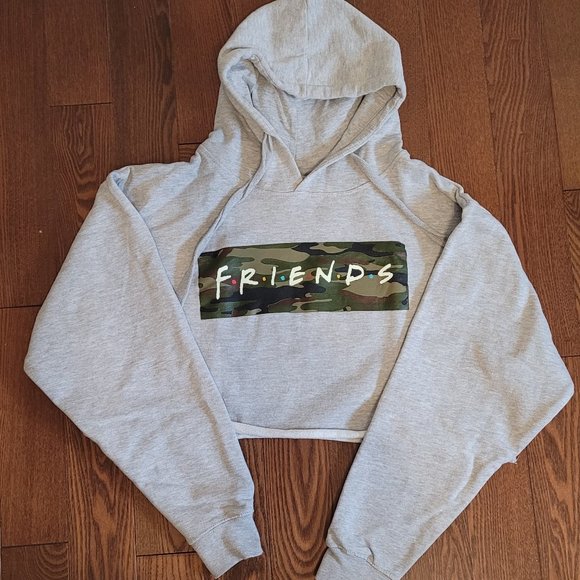 FRIENDS Camo Grey Cropped Hoodie Sweatshirt - Picture 1 of 7